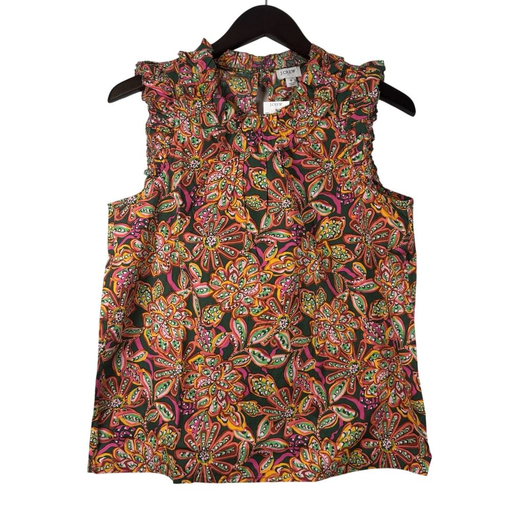 J. Crew Sleeveless Ruffle Top Women's Small Tropical Leaves Jungle Floral Cotton